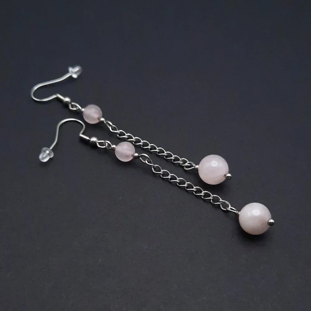 Rose Quartz Chakra Gemstone Pink Dangle Drop Chain Earrings Handmade Jewelry - Picture 6 of 8